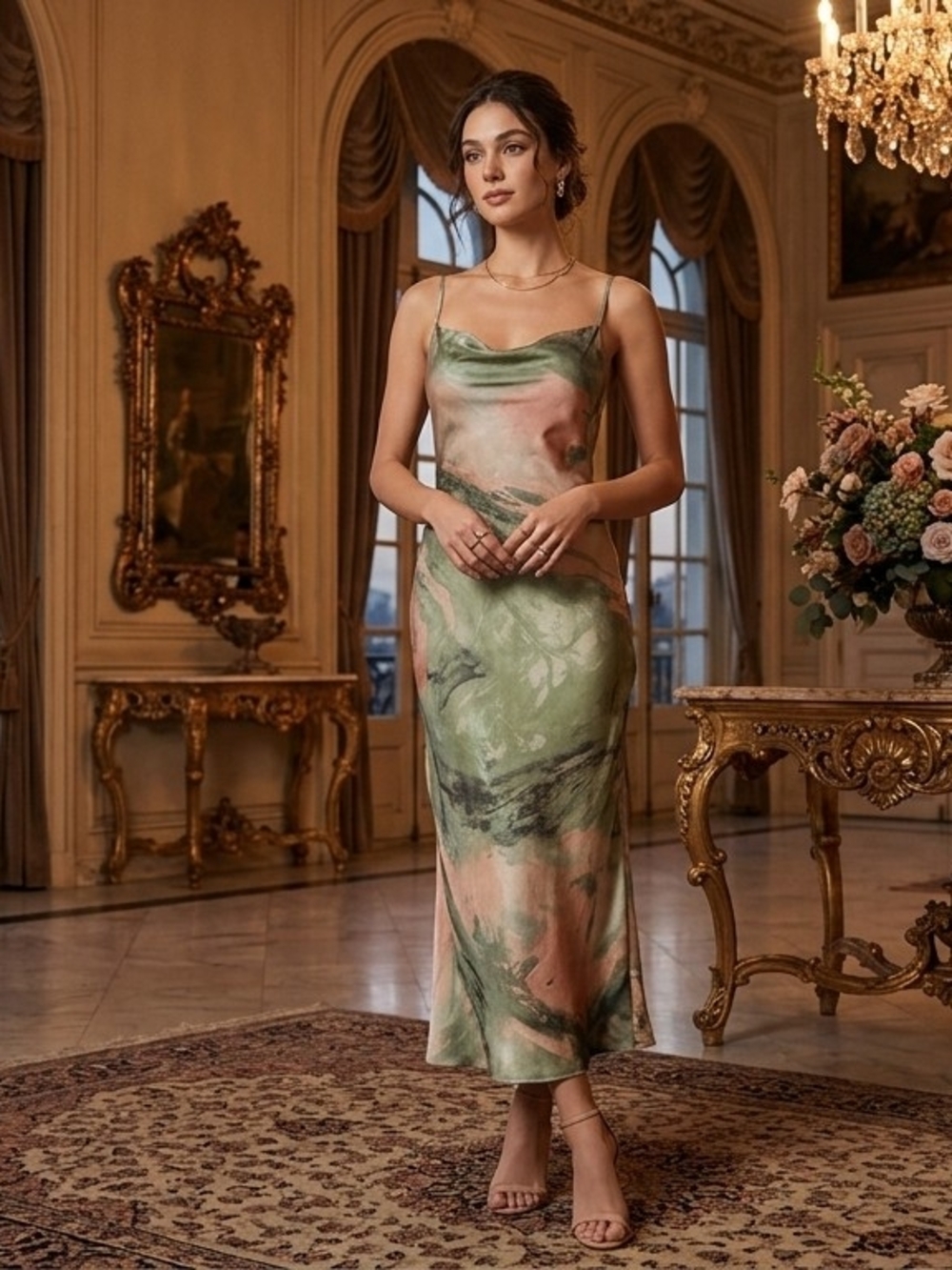 🎀Slip Midi Dress in Green Marble Print